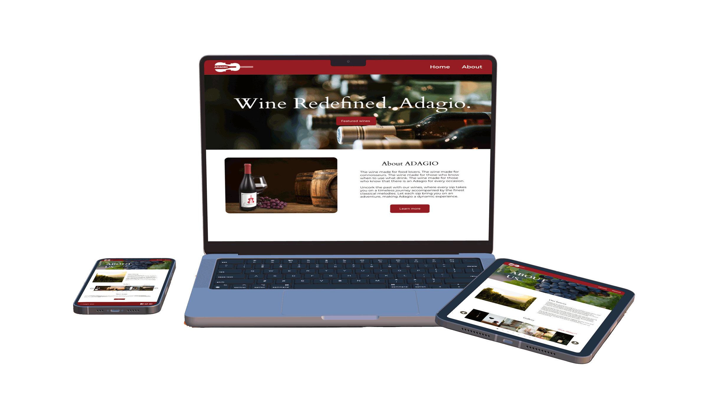 laptop, ipad and iphone showing adagioo wine's website